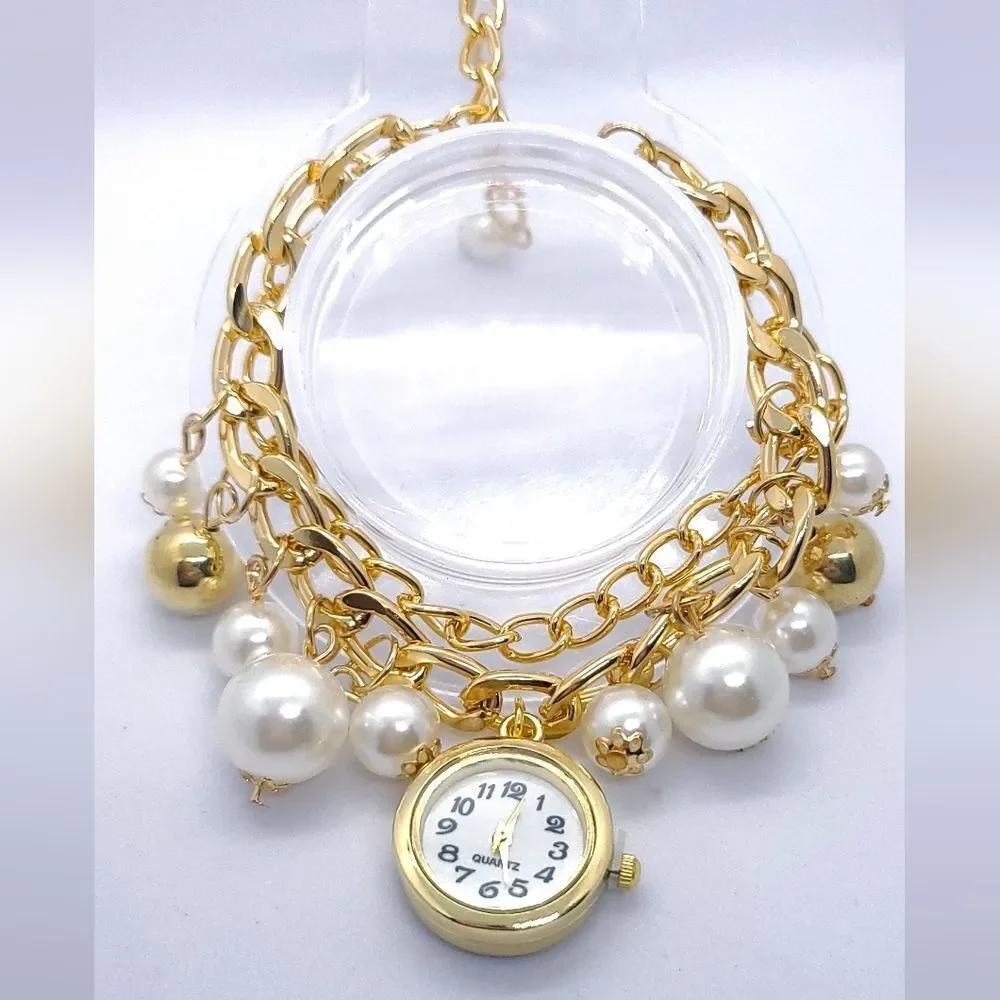 Gold Charm Bracelet Watch Faux Pearl Layered Chain Vintage Inspired Old Money